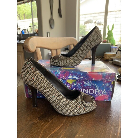 7M Chinese Laundry Cutie Open Toe Pump Tweed and Button Gray Women's Heels - Picture 1 of 7